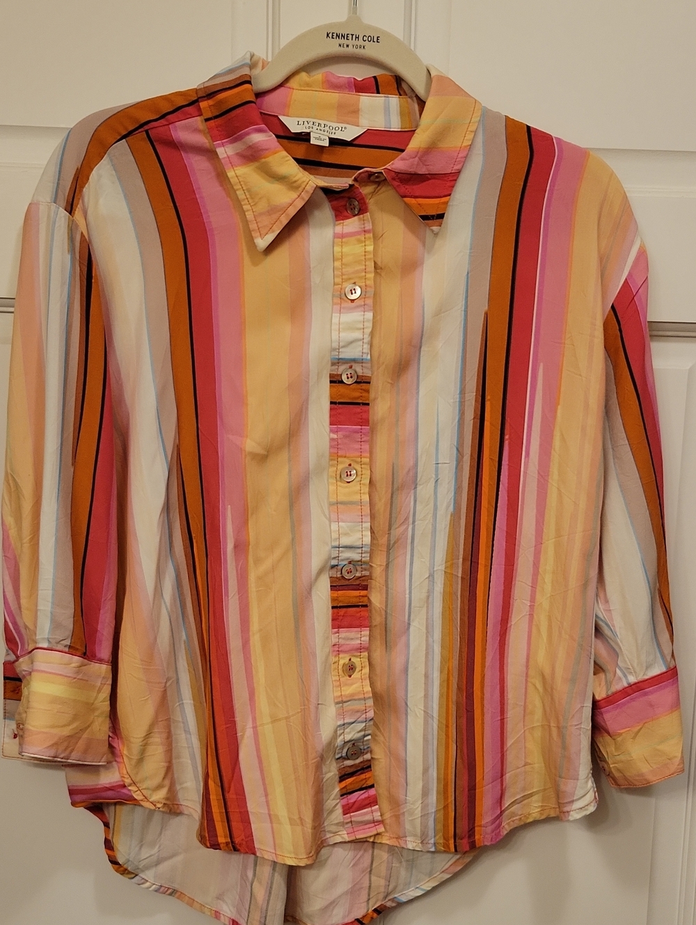 Liverpool Los Angeles Britton Multi-Stripe 3/4 Sleeve Button Front Shirt - S